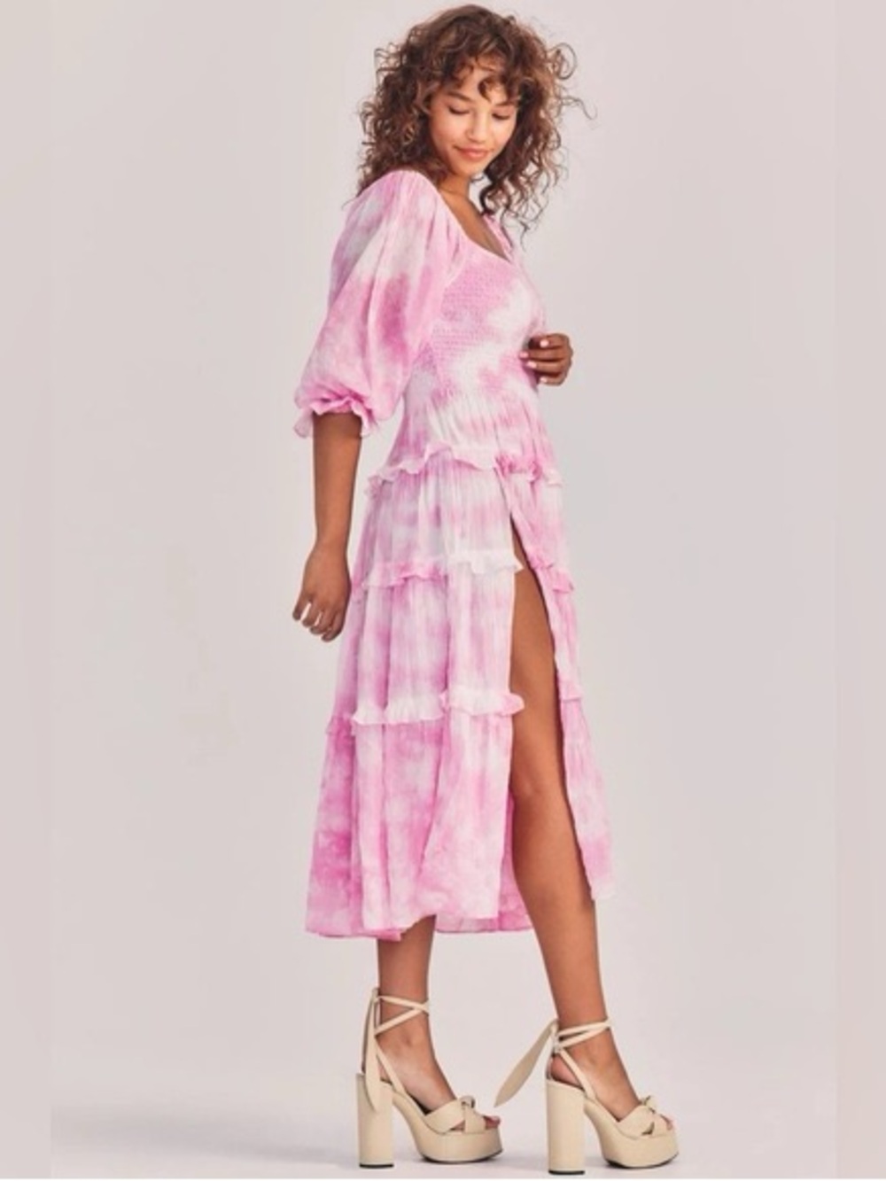 LoveShackFancy Capri Tiered Shirred Tie-Dye Cotton-voile Midi 2-Way Dress - Picture 2 of 3